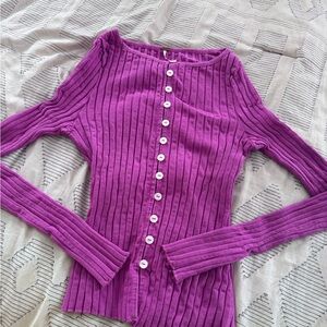 Free People Ribbed Button-Up Long Sleeve Tee in Bright Purple